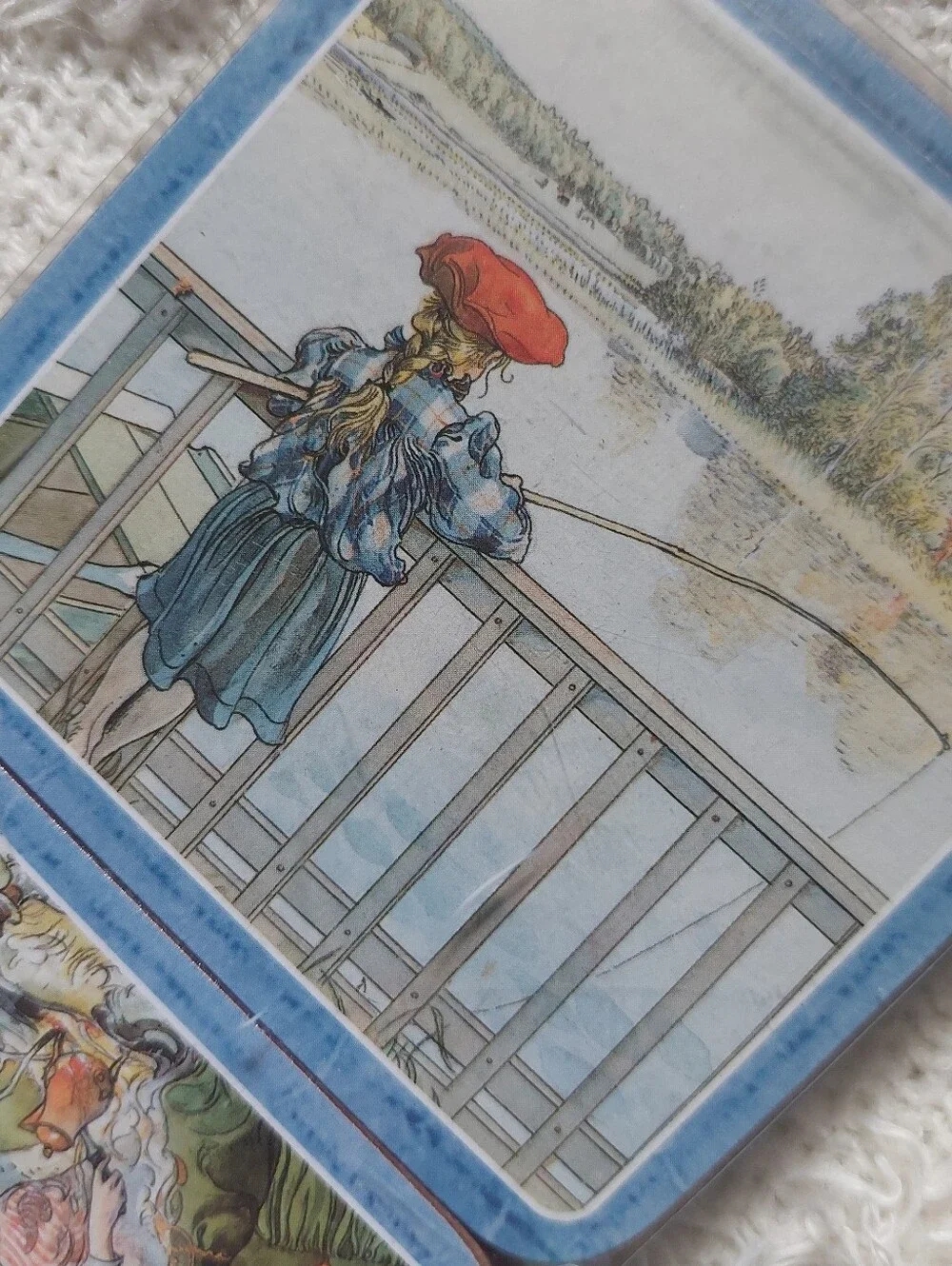 Vintage Illustrated Square Coasters Set - Blue Trim